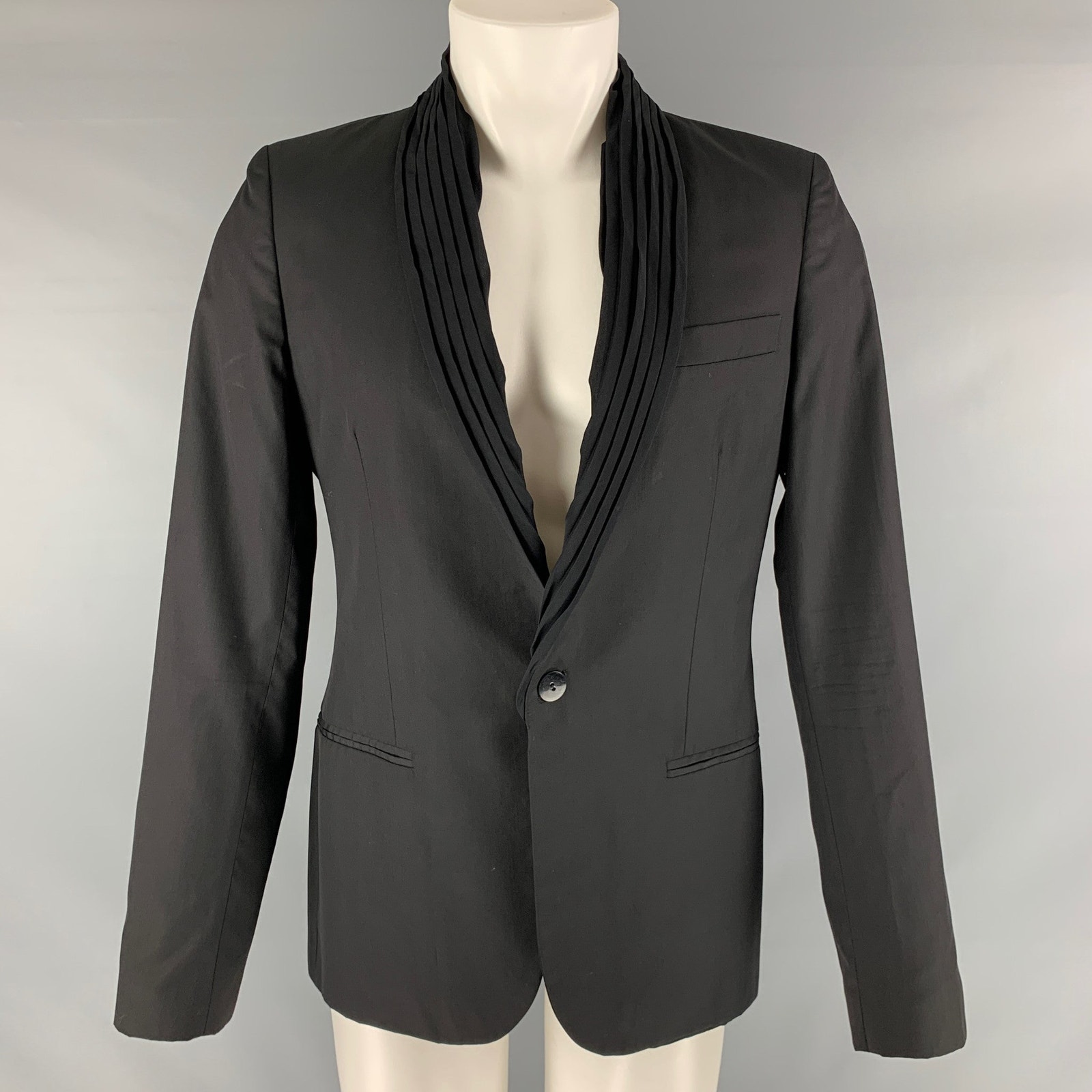 Gaultier2 Jean Paul Gaultier 38 Black Solid Wool Silk Shawl Collar Sport Coat